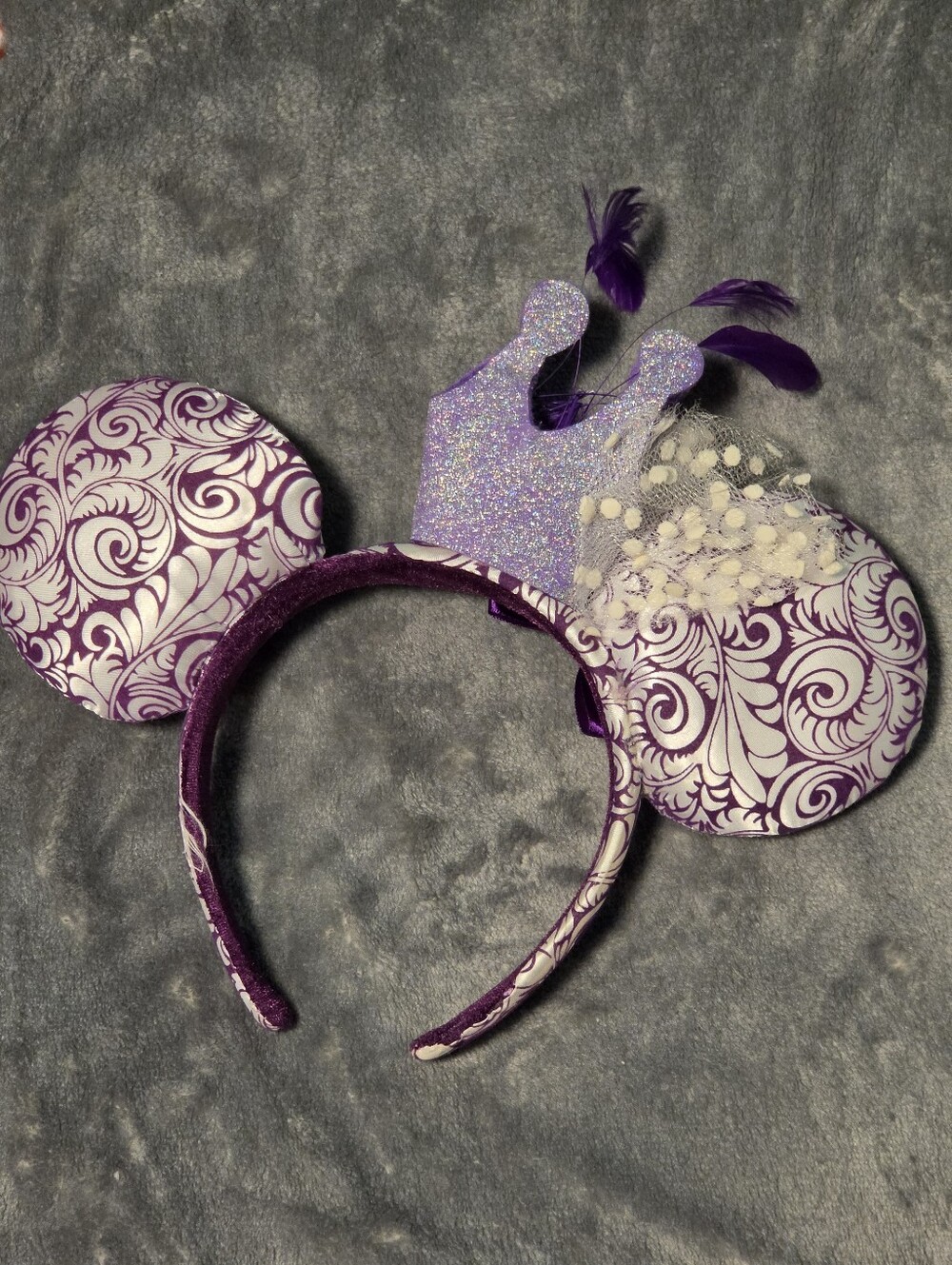 Disney Purple White Minnie Ear Headband with Glitter Crown - Picture 2 of 3